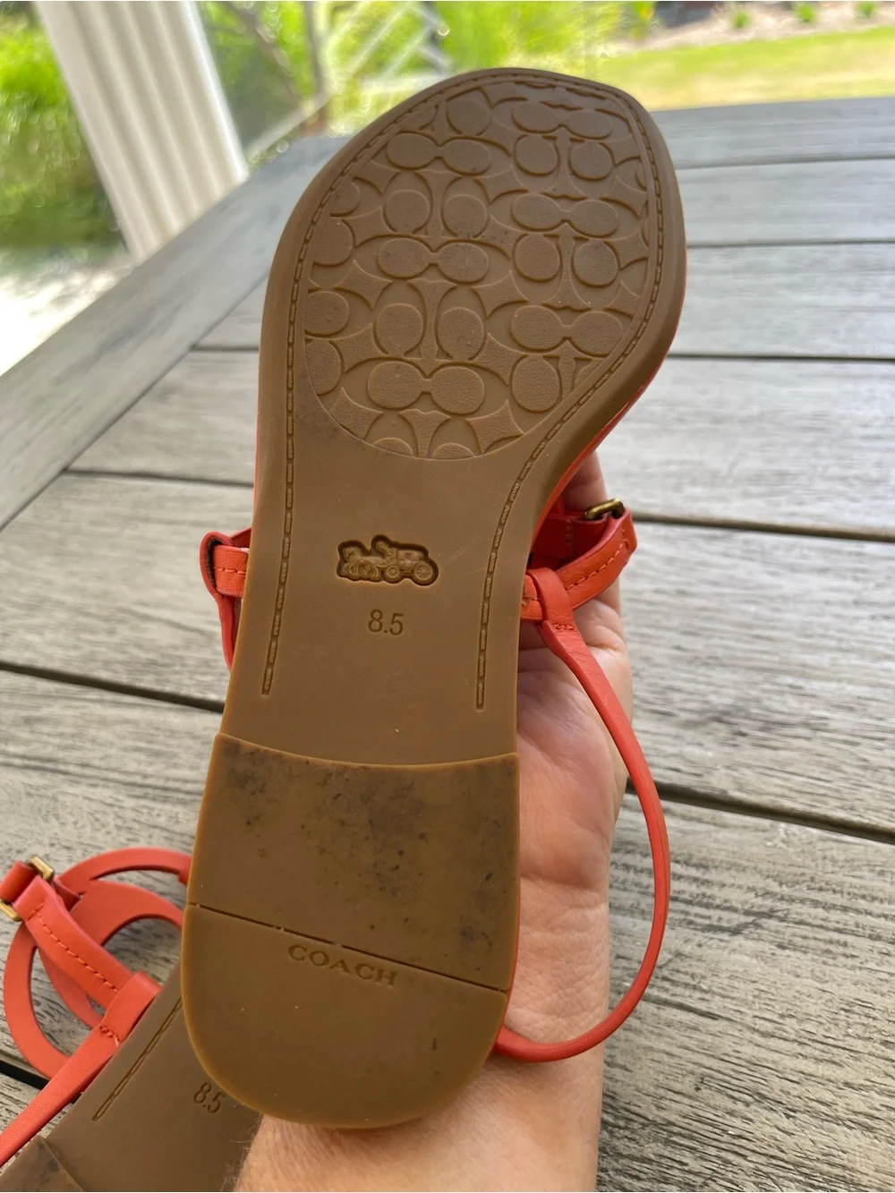Coach Jeri Orange Leather Logo Thong Sandals with Gold Accents Womens Size 8.5